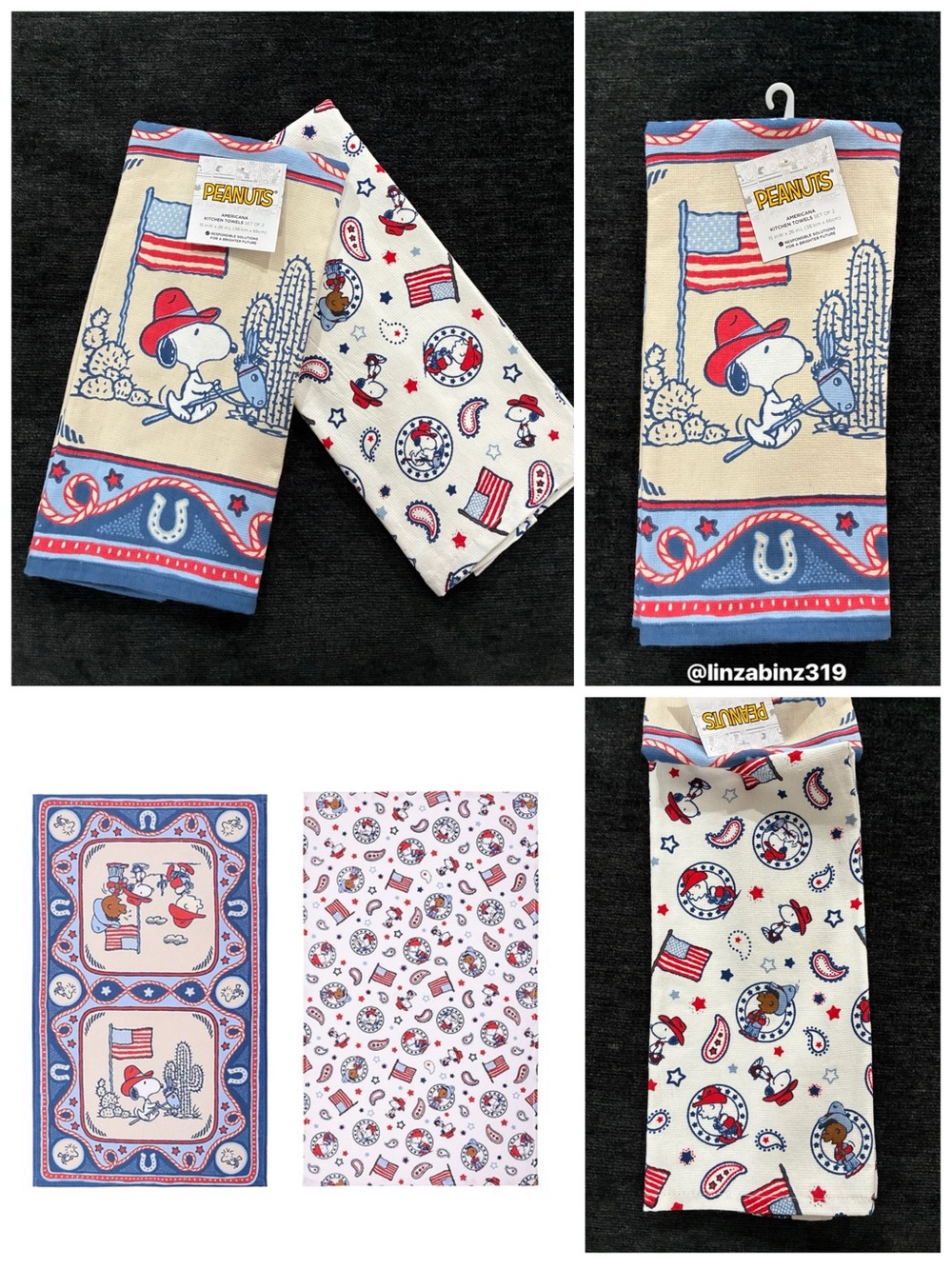NWT- Set of 2- Peanuts- Snoopy & Friends- Cowboy- Patriotic Kitchen Towels 26x15